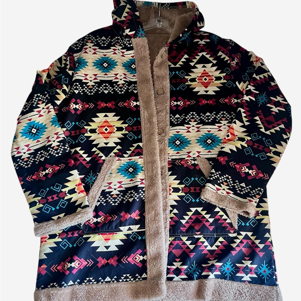 Tribal Print Hooded Coat with Faux Fleece Lining - Multicolor Aztec size L